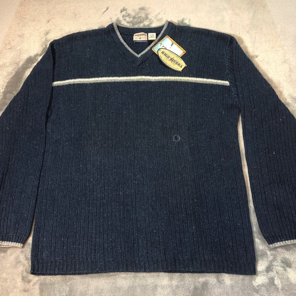 High Sierra V-Neck Sweater Men's Large Blue w/Stripe Knit Pullover Cotton Blend